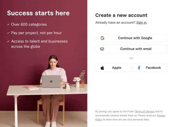 Rejestracja na Fiverr