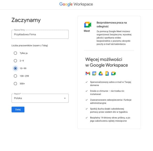 Rejestracja w Google Worspace - krok 1
