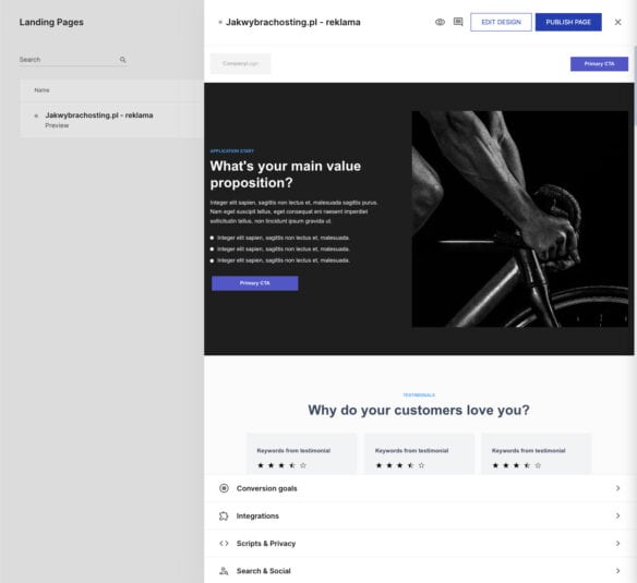 Publikacja landing page w Instapage