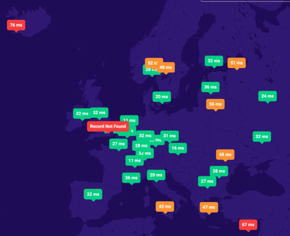 Szybkość serwerów DNS w JDM - Europa (mapa)