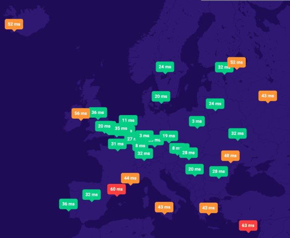 Test szybkości odpowiedzi DNS w Kru (Europa) - mapa
