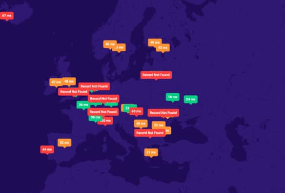 Benchmark serwerów DNS w MSERWIS - Europa (mapa)