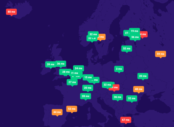 Test szybkości odpowiedzi DNS w MyDevil - Europa (na mapie)