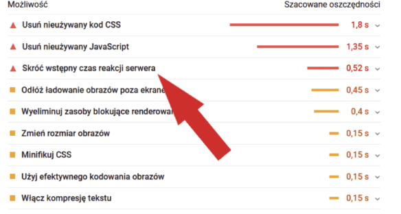 Komunikat "Skróć wstępny czas reakcji serwera" w Google PageSpeed Insight