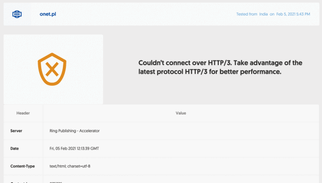 Wynik testu: onet.pl nie używa HTTP/3