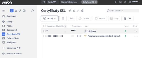 Certyfikaty SSL w panelu Webh