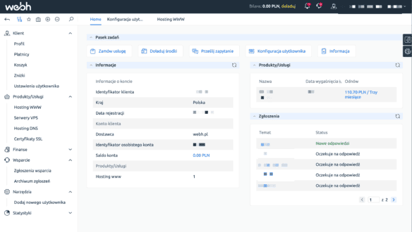 Panel klienta Webh po zalogowaniu