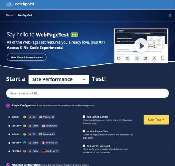 Strona internetowa WebPageTest