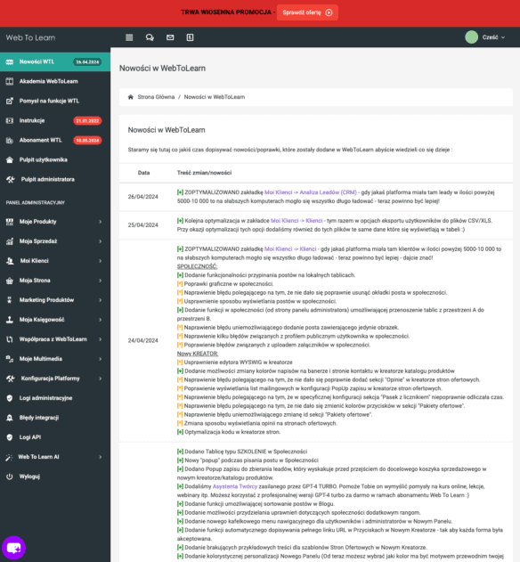 Chaneglog (dziennik zmian) WebToLearn