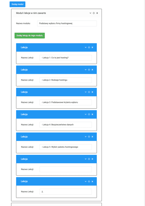 Moduły i lekcje podczas tworzenia kursu w WebToLearn